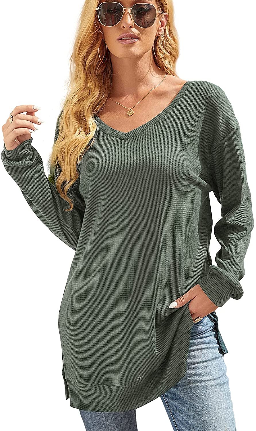 XUERRY Womens Casual V-NECK Long Sleeves Pocket Solid Color Sweatshirt Tunics Blouse Tops 