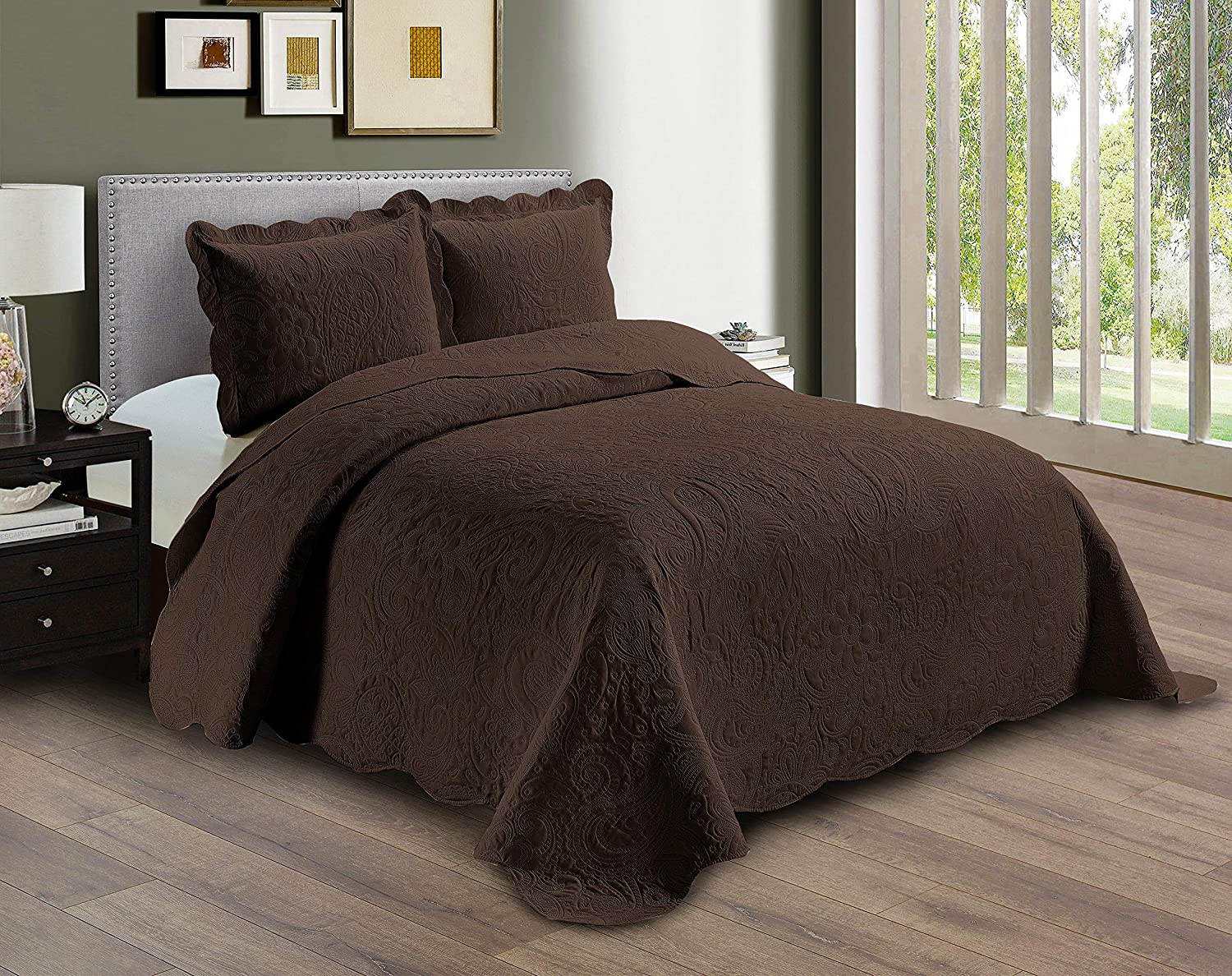 Brown & Taupe Reversible Quilted Bedspread Embossed 3-Piece Coverlet Bed Set 