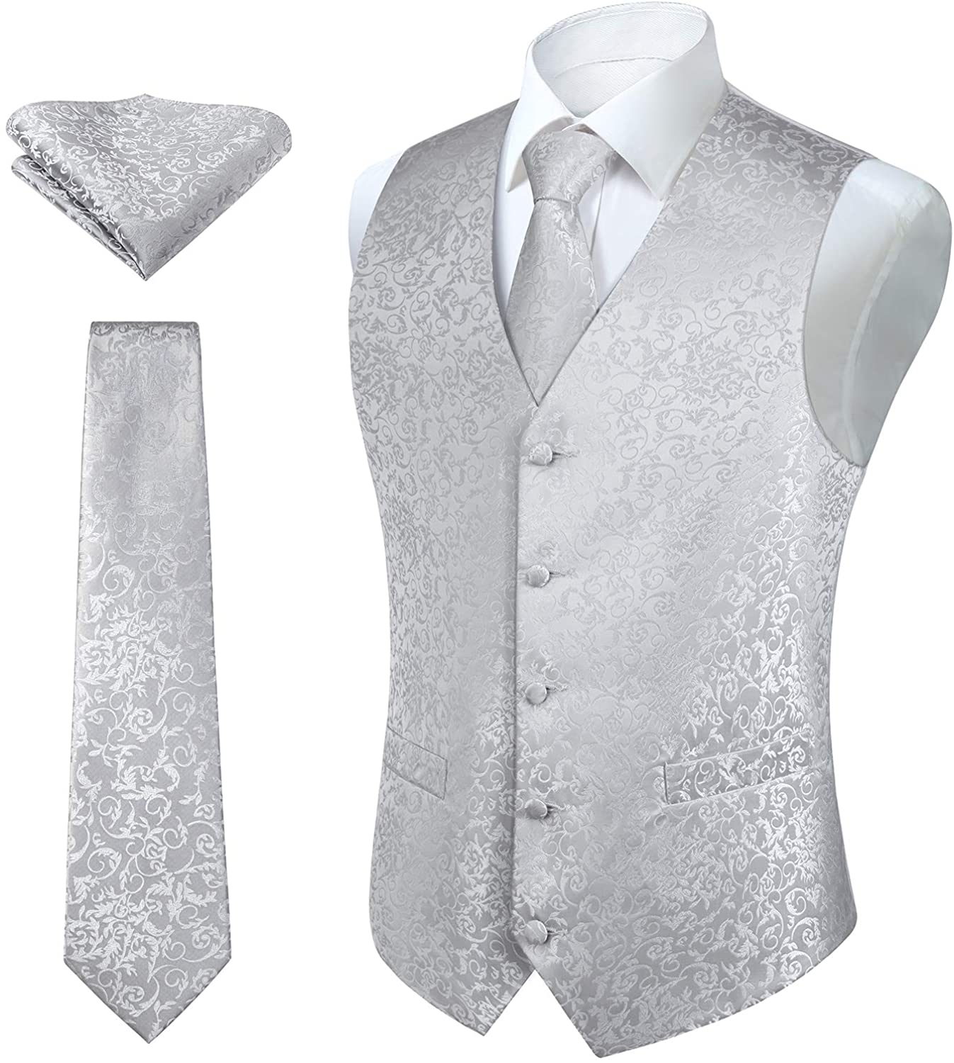HISDERN Men's Classic Solid Color Jacquard Waistcoat & Necktie and Pocket Square Vest Suit Set