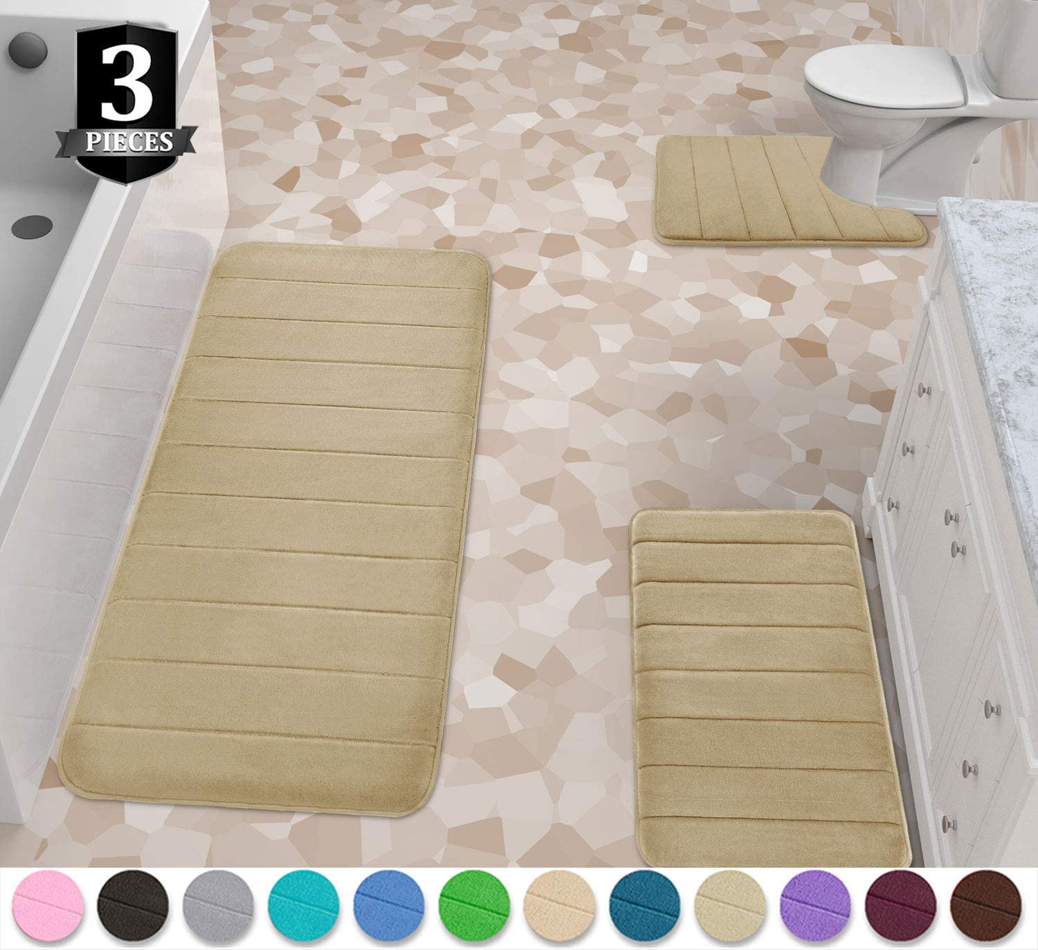 Yimobra 3 Pieces Memory Foam Bath Mat Set, XL, L and U-Shaped Size