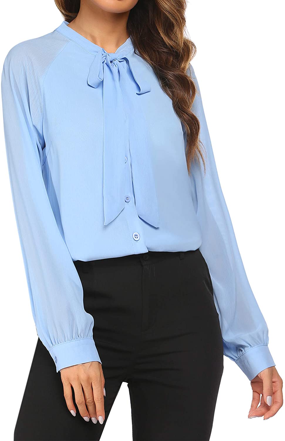 ACEVOG Women Bow Tie Neck Blouses Casual Tops Long Sleeve Button Shirts  XS-XXL