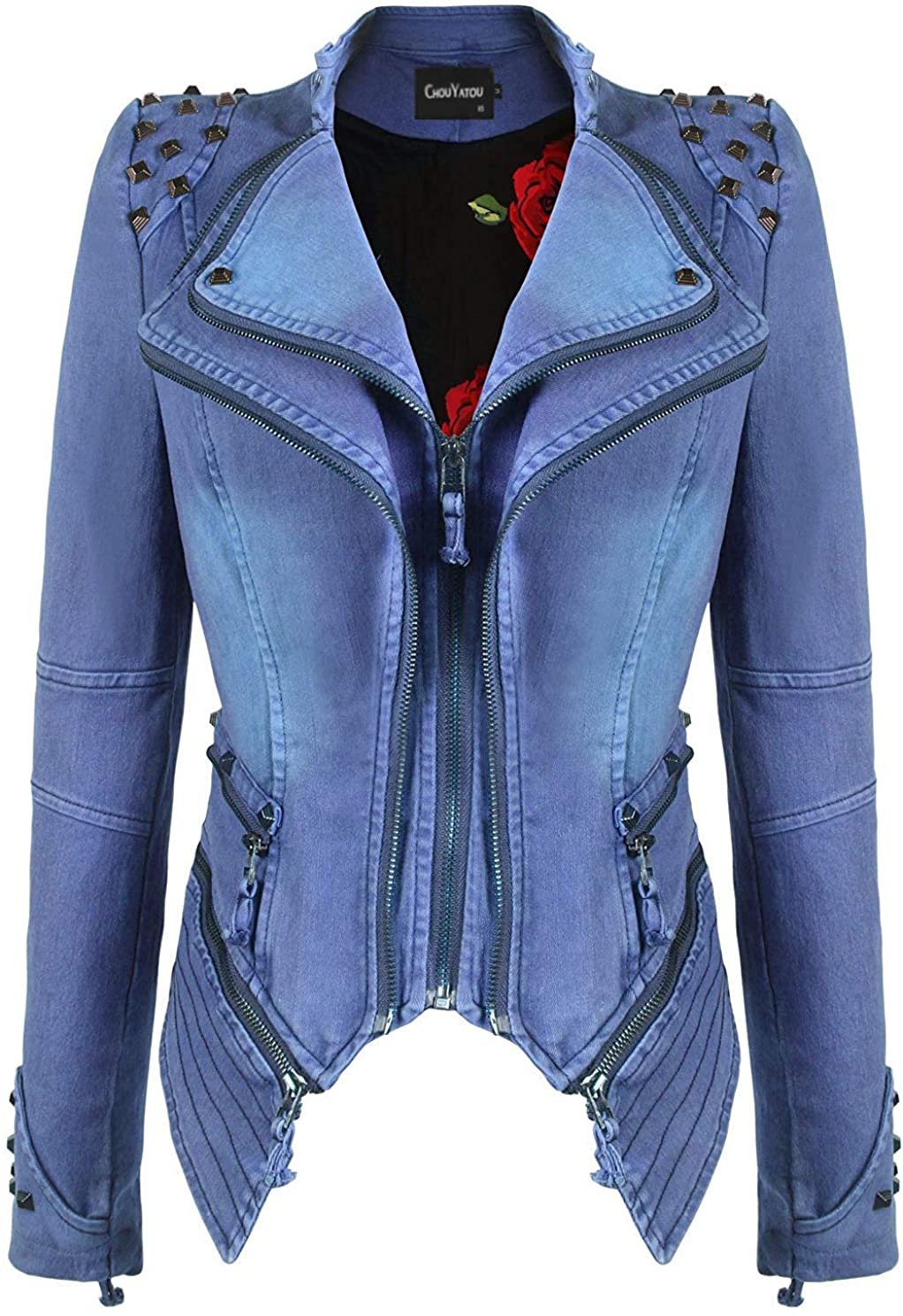 chouyatou Women's Fashion Studded Perfectly Shaping Faux Leather Biker Jacket