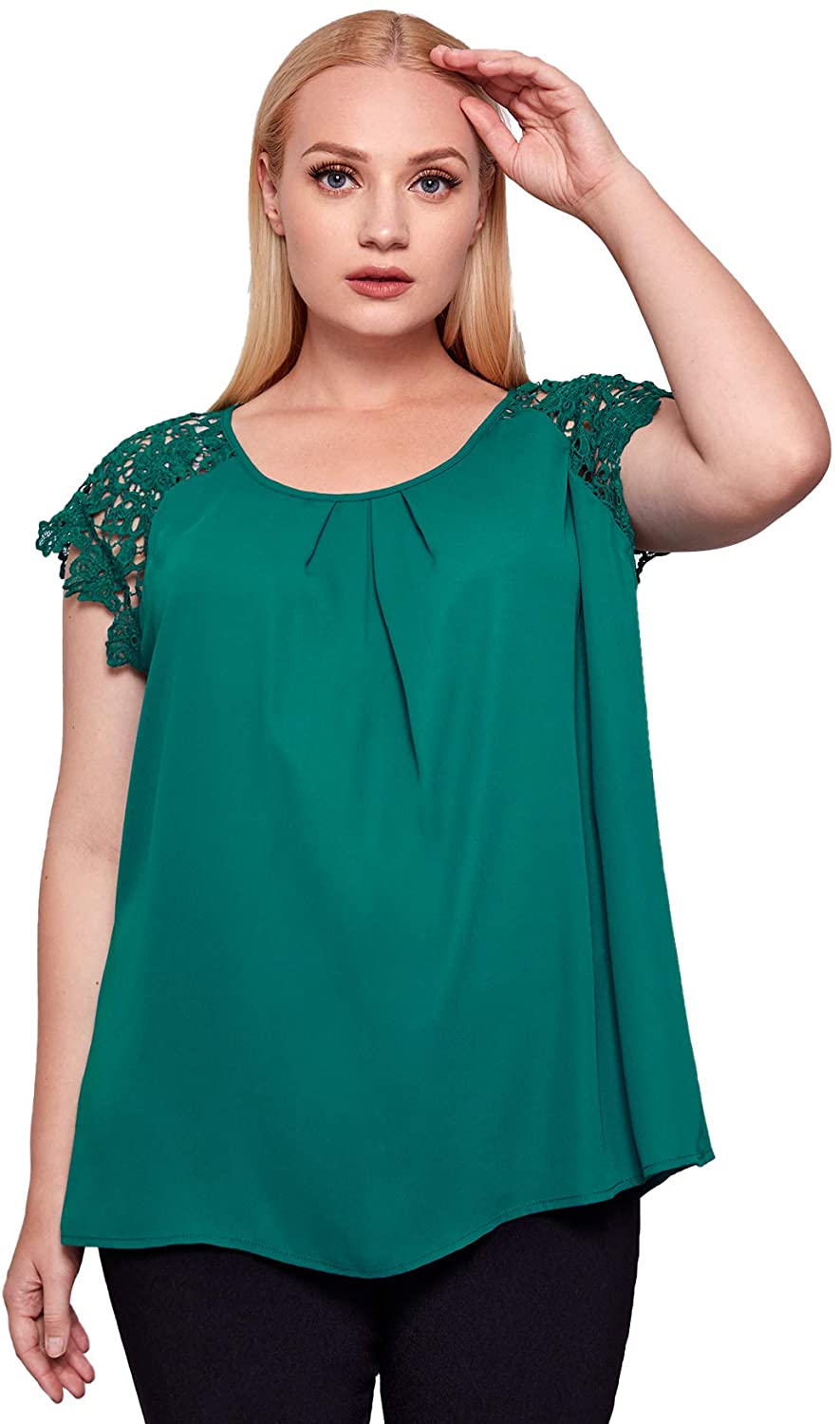 Milumia Women's Plus Size Round Neck Short Sleeve Pleated Lace Blouses Top 