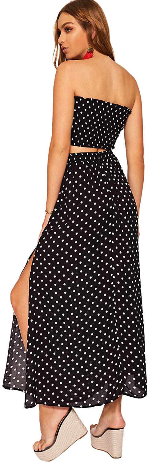 Floerns Womens 2 Piece Outfit Polka Dots Crop Top and Long Skirt Set with Pockets