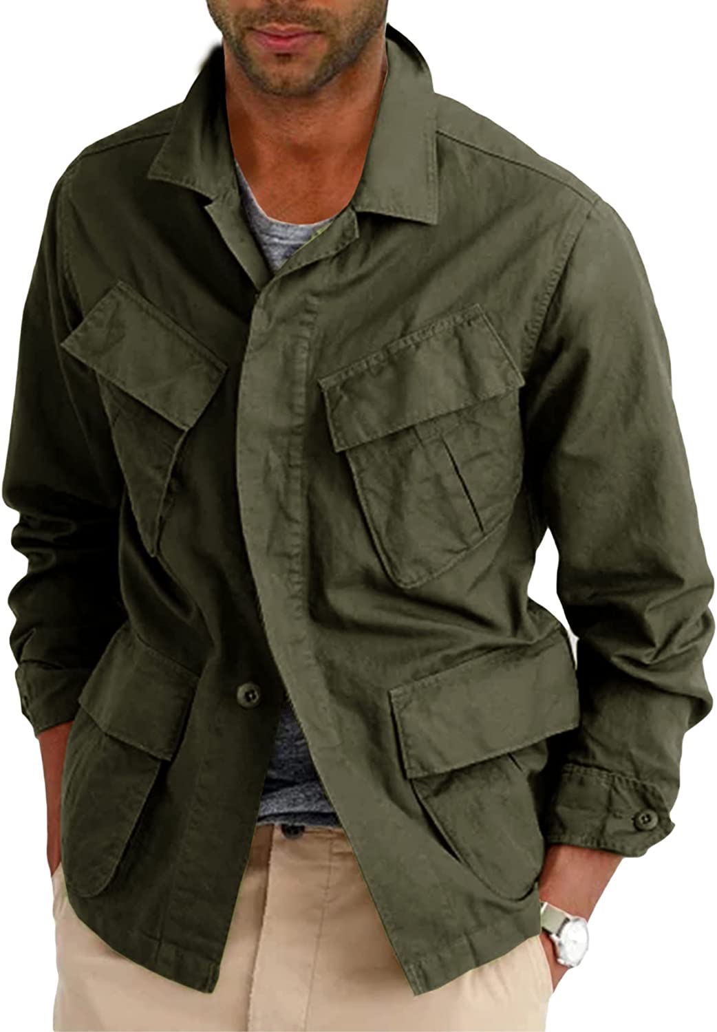 Mens Lightweight Safari Jacket Button Up Cotton Outdoor Military Zip Up  Cargo Lo