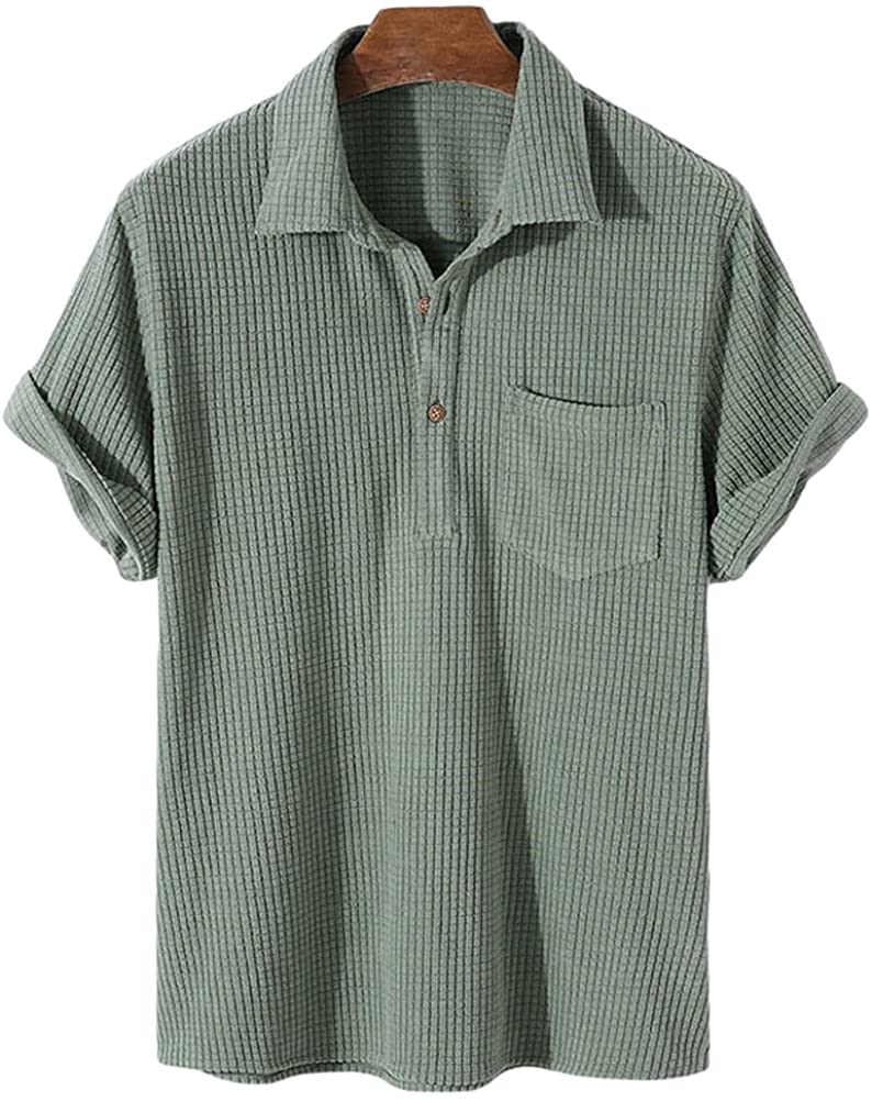 PAODIKUAI Men's Retro Short Sleeve Corduroy Shirt Casual Button Down Shirts  at  Men’s Clothing store