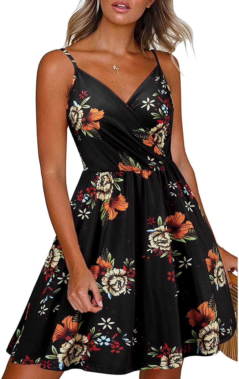 Newshows Women's Summer Dress Floral Spaghetti Strap Sleeveless V