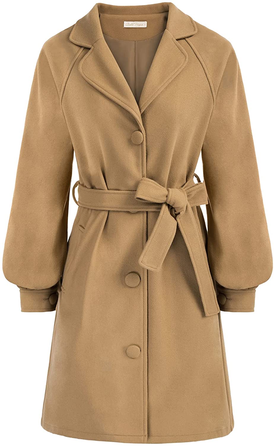 Belle Poque Womens Retro Lapel Coat Wool Blends Puff Sleeve Belt Coat Jackets Outfits 2027