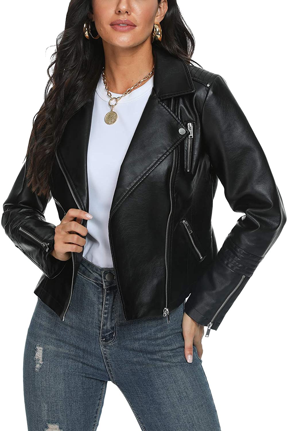 Fahsyee Women&#039;s Leather Jackets, Faux Motorcycle Plus Size Moto Biker Coat | eBay