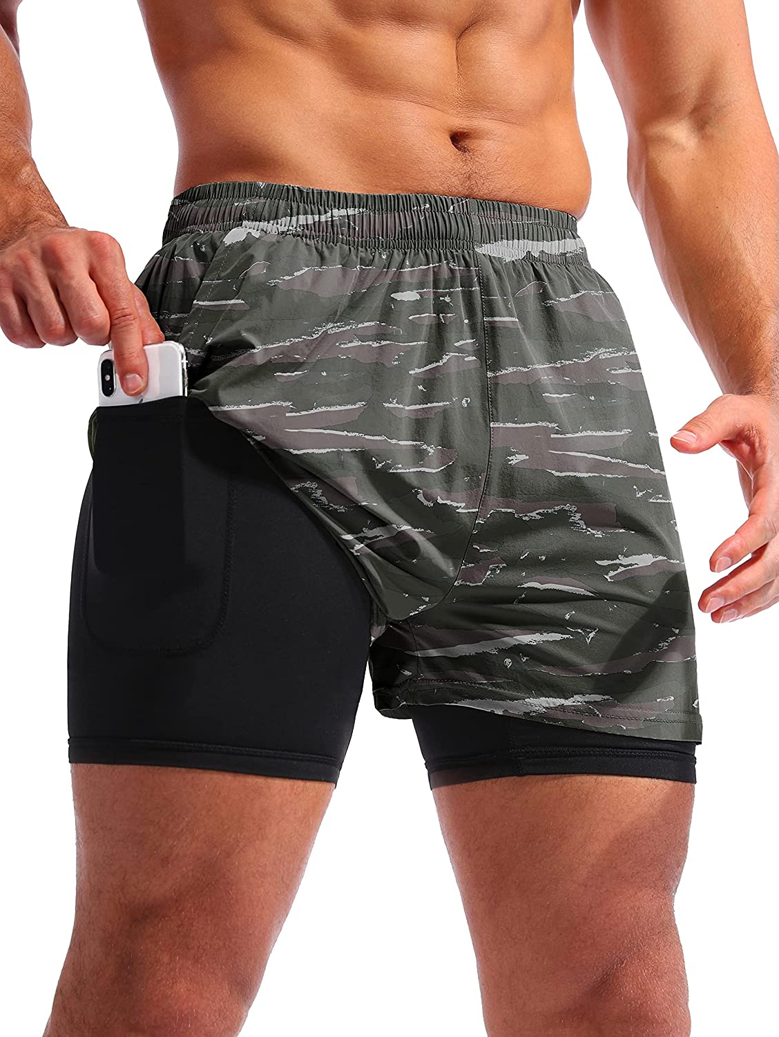 Pudolla Men's 2 in 1 Running Shorts 5 Quick Dry Gym Athletic Workout Shorts  for