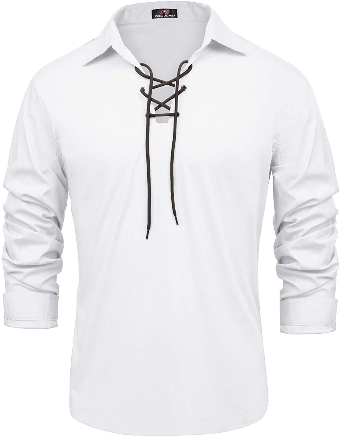 PJ PAUL JONES Mens Cotton Scottish Jacobite Ghillie Kilt Lace-Up Shirt Long Sleeve 