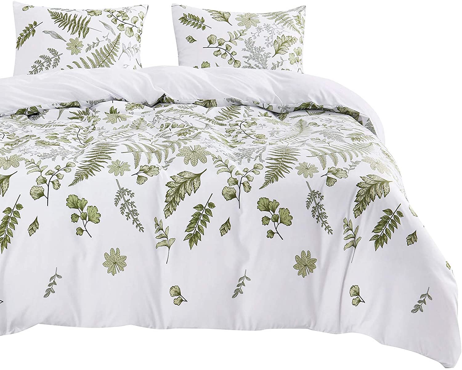 Wake In Cloud Botanical Floral Green Garden Leaves Pattern Printed on White 3pcs, King Size Duvet Cover Set King with Zipper Closure 100% Soft Cotton Bedding