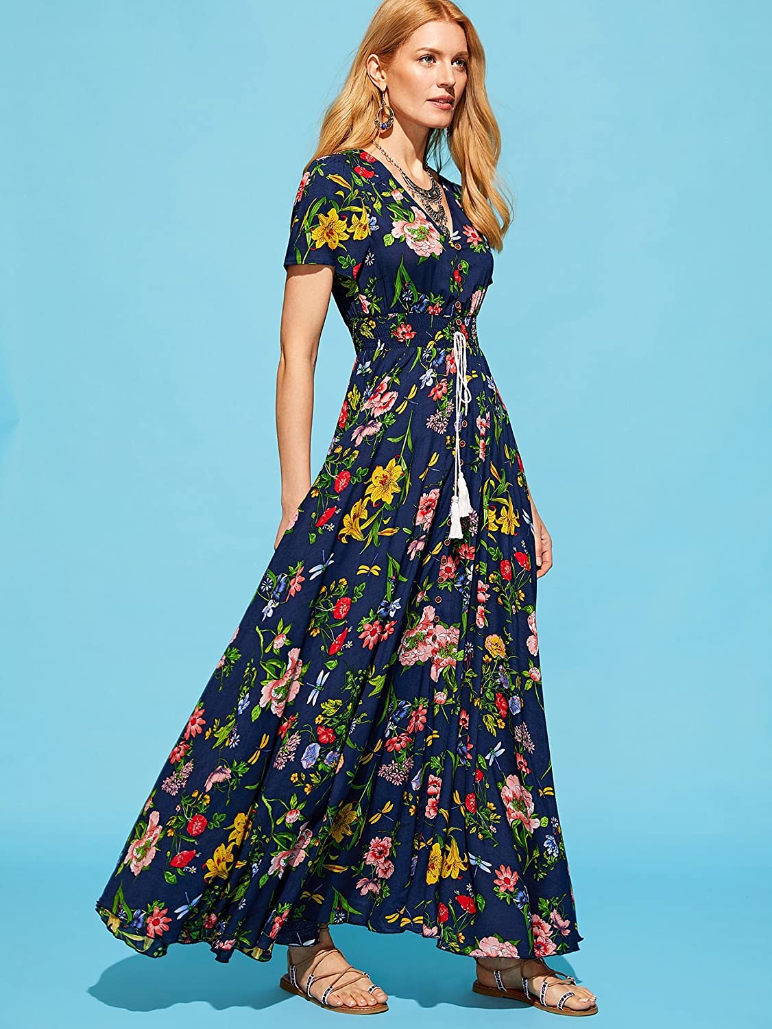 Milumia Women's Button Up Split Floral Print Flowy Party Maxi Dress ...