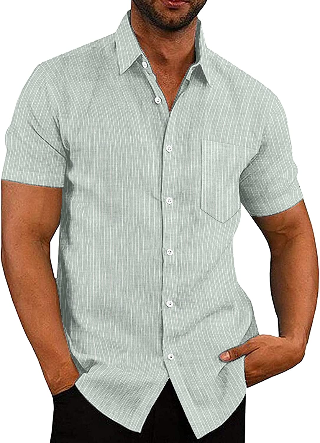 COOFANDY Men's Casual Linen Button Down Shirt Business Chambray Dress ...