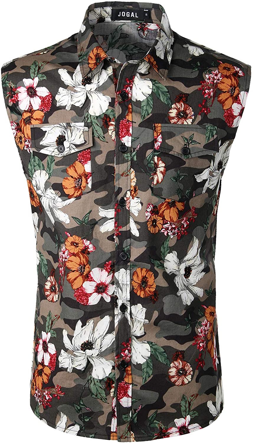 JOGAL Mens Sleeveless Flower Casual Button Down Hawaiian Shirt