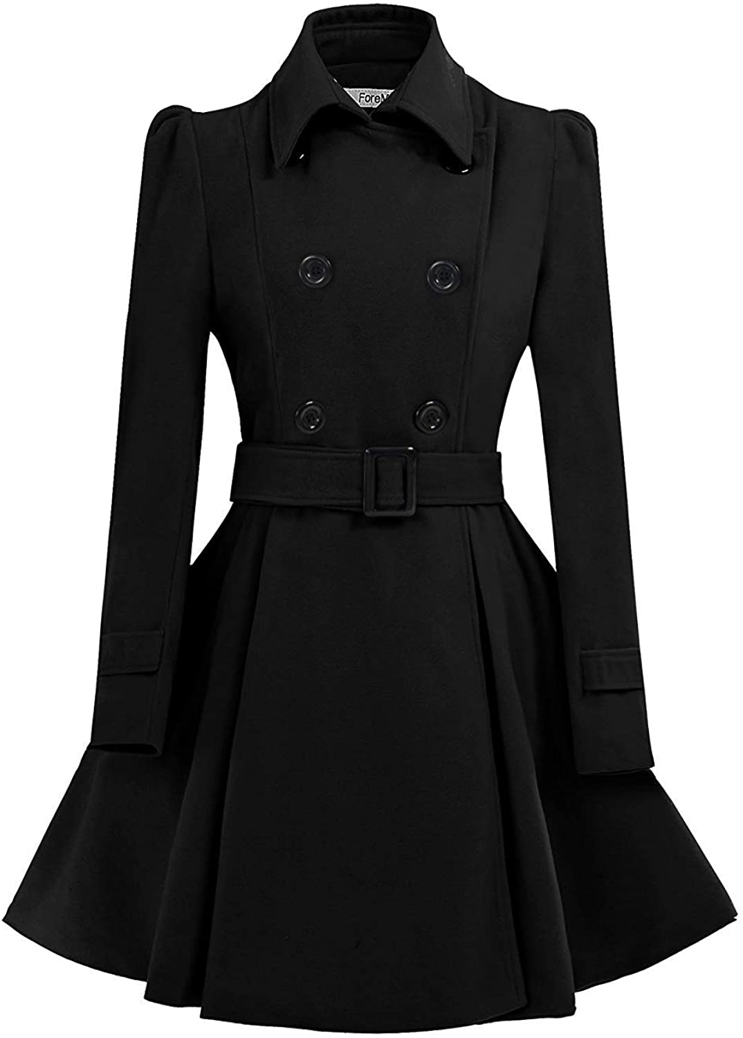 ForeMode Women Swing Double Breasted Wool Pea Coat with Belt Buckle Spring  Mid-L