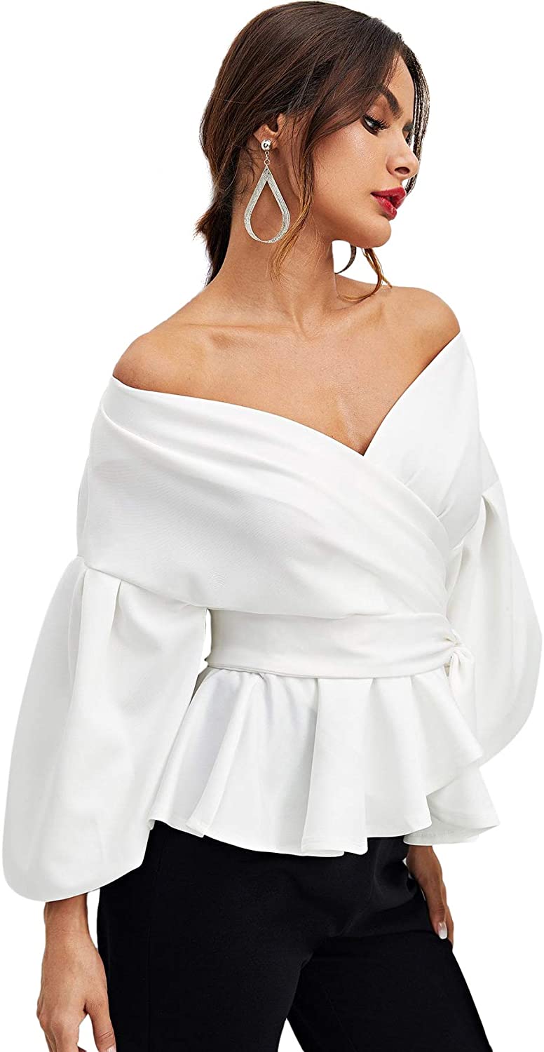 Shein Women S Long Sleeve V Neck Ruffle Blouse Off Shoulder Tie Waist Wrap Tops Ebay