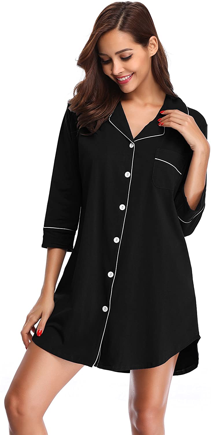 SHEKINI Womens Long Sleeve Sleep Shirt Nightgown Button Down Lapel ...