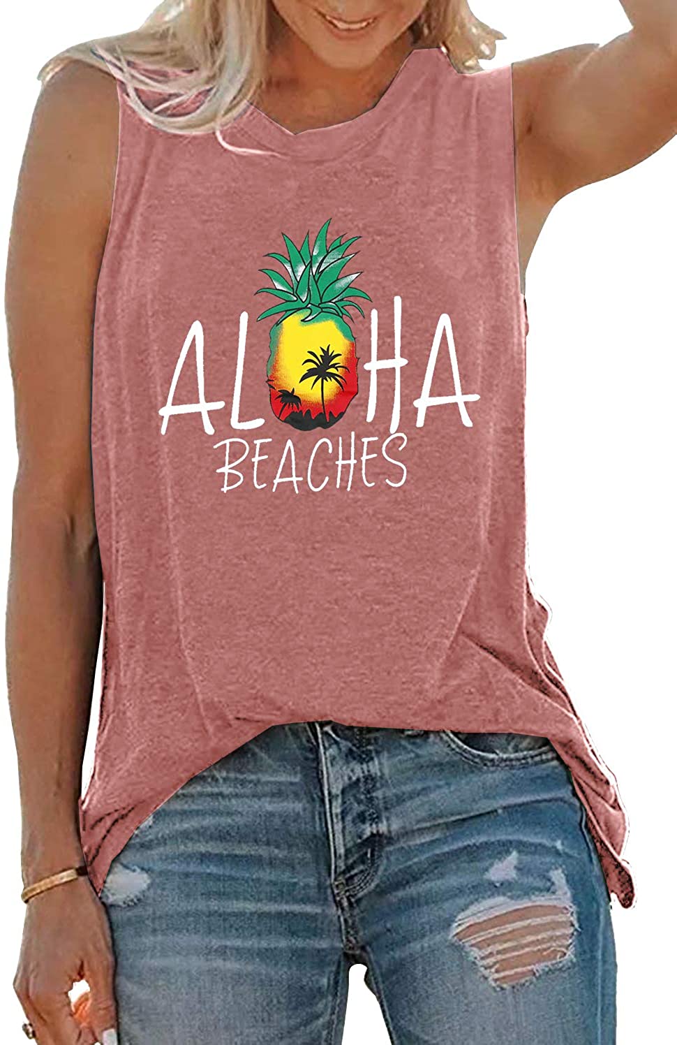 Aloha Beaches Letter Tank Top Women Pineapple Print Sleeveless T Shirt Cute  Vest | eBay