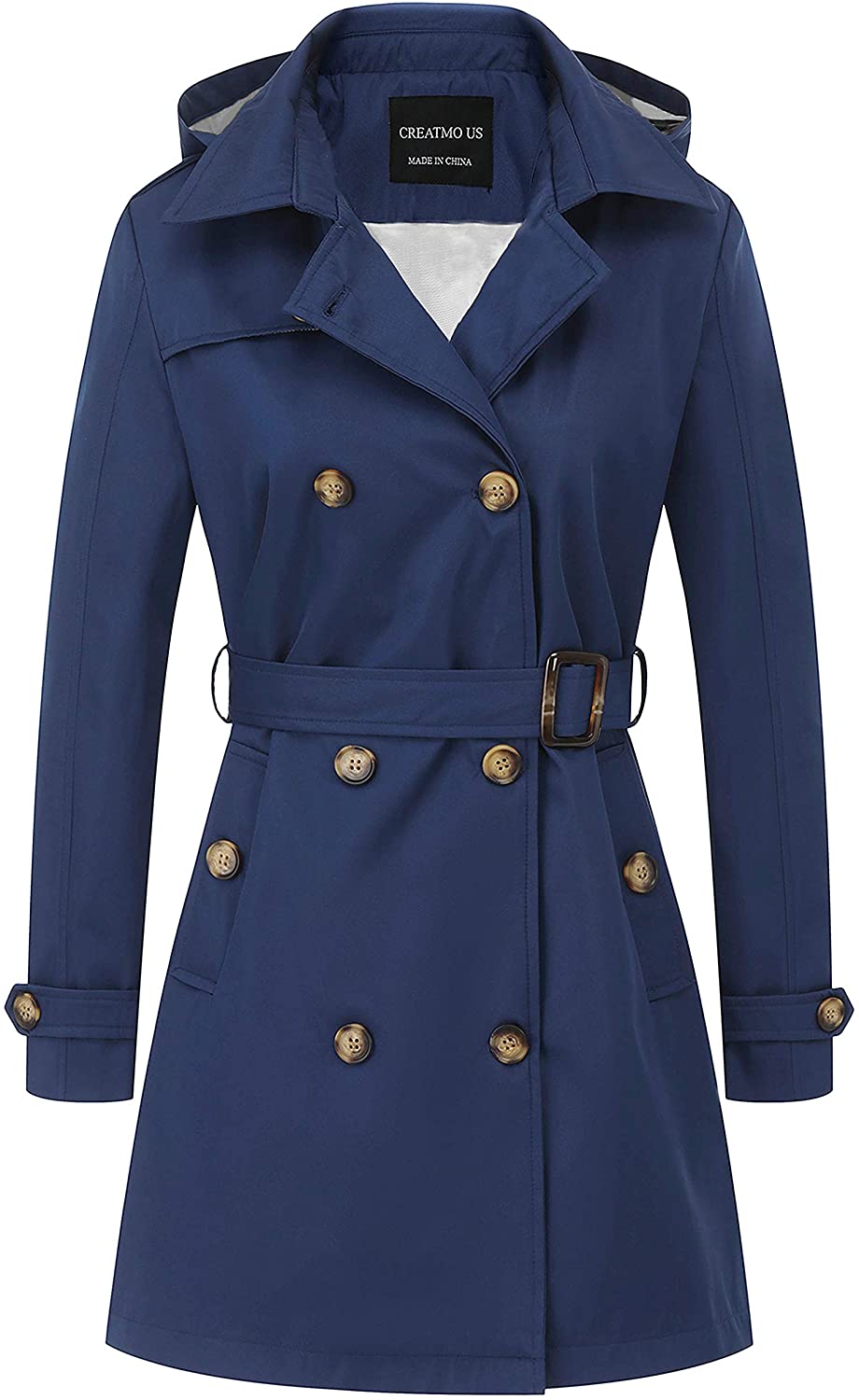 CREATMO US Women's Trench Coat Double-Breasted Classic Lapel Overcoat  Belted Slim Outerwear Coat with Detachable Hood : : Clothing,  Shoes 