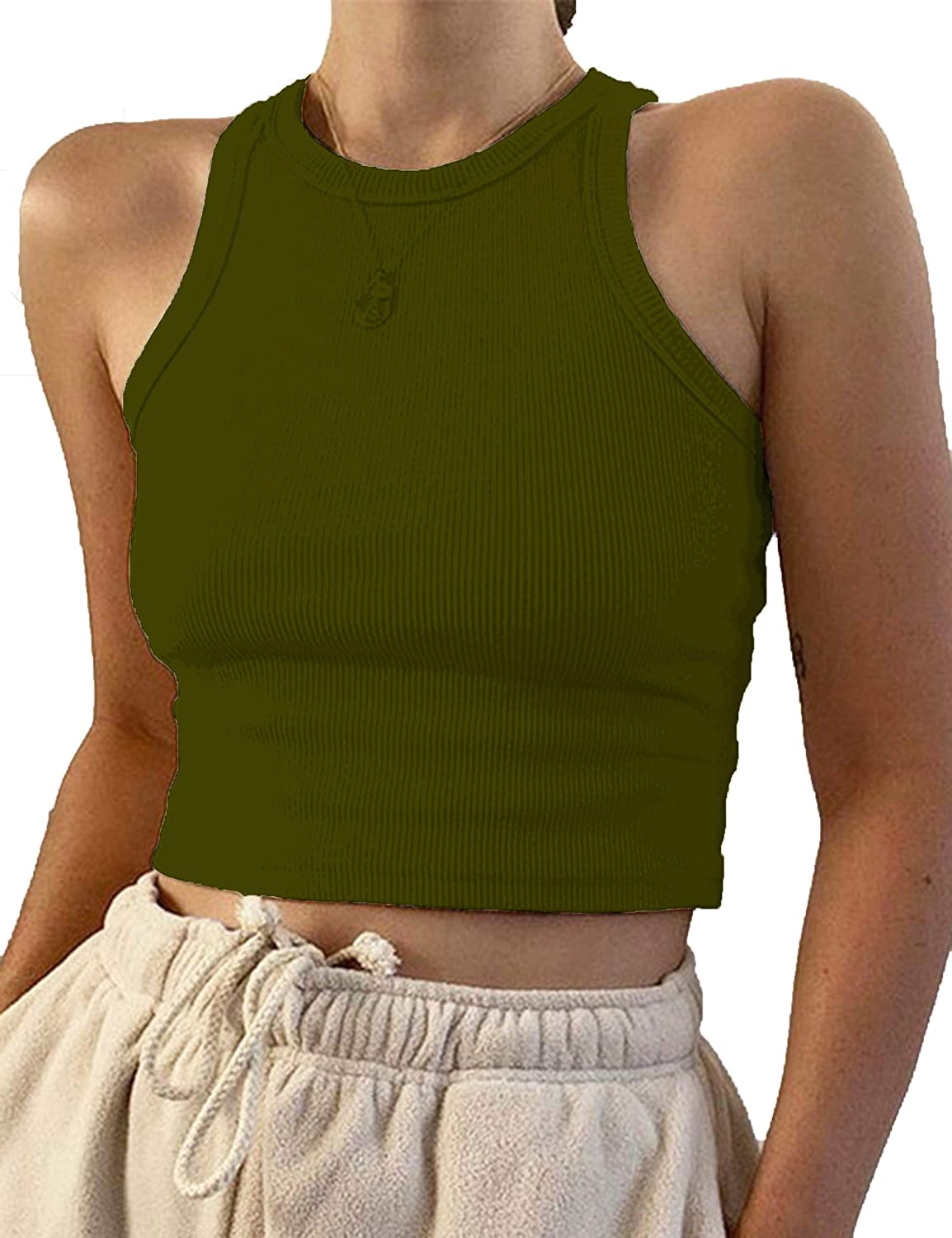 KAMISSY Women Basic Crew Neck Crop Tank Top Solid Rib-Knit Binding Crop Top  (X-Small, Apricot) at  Women's Clothing store