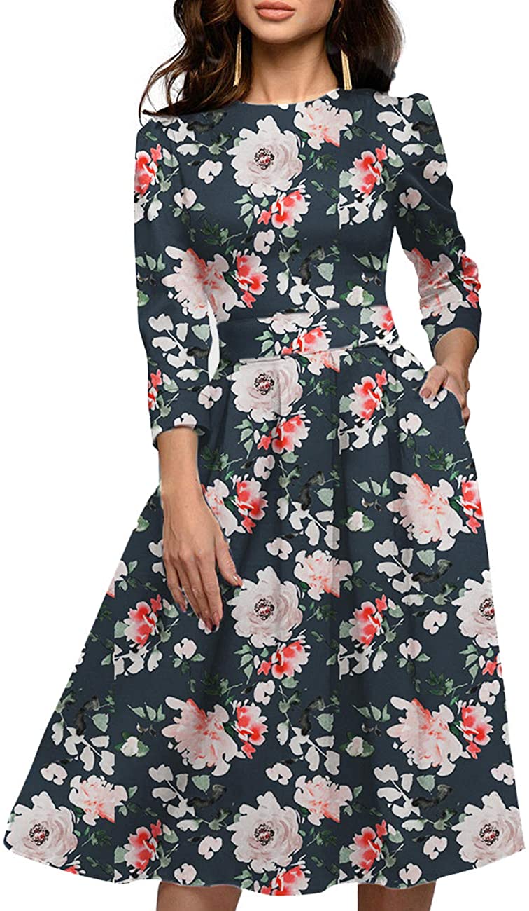 Simple Flavor Women s Floral Vintage Dress Elegant Midi Evening Dress 3 4 Sleeve