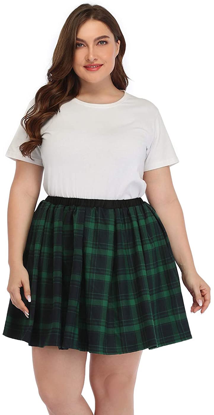 HDE Plus Size Skirt Plaid Mini Skater Skirts Pleated School Girl