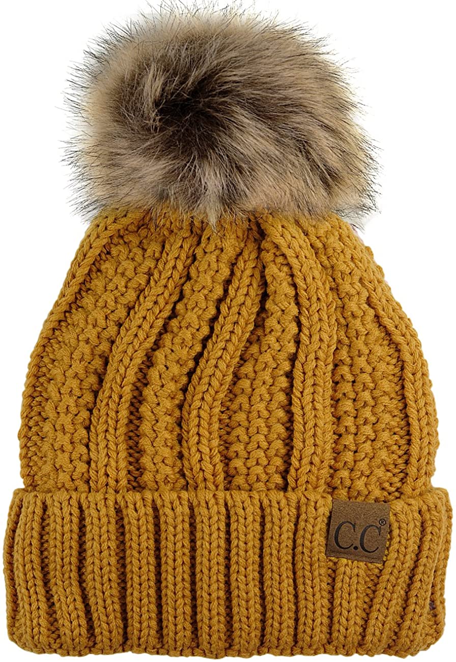 C.C Thick Cable Knit Faux Fuzzy Fur Pom Fleece Lined Skull Cap Cuff CC Beanie US 