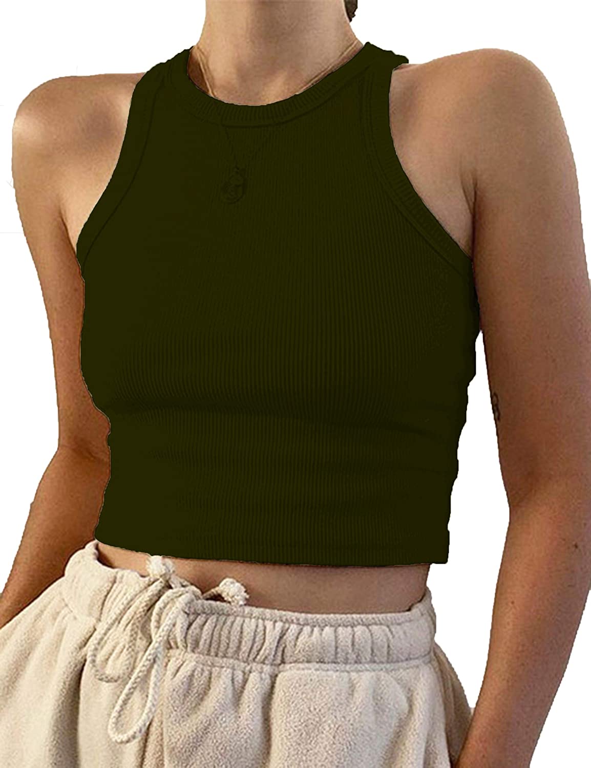 Meladyan Women's Basic Solid O Neck Rib-Knit Crop Vest Sleeveless Racerback Cropped Sports Tank Tops