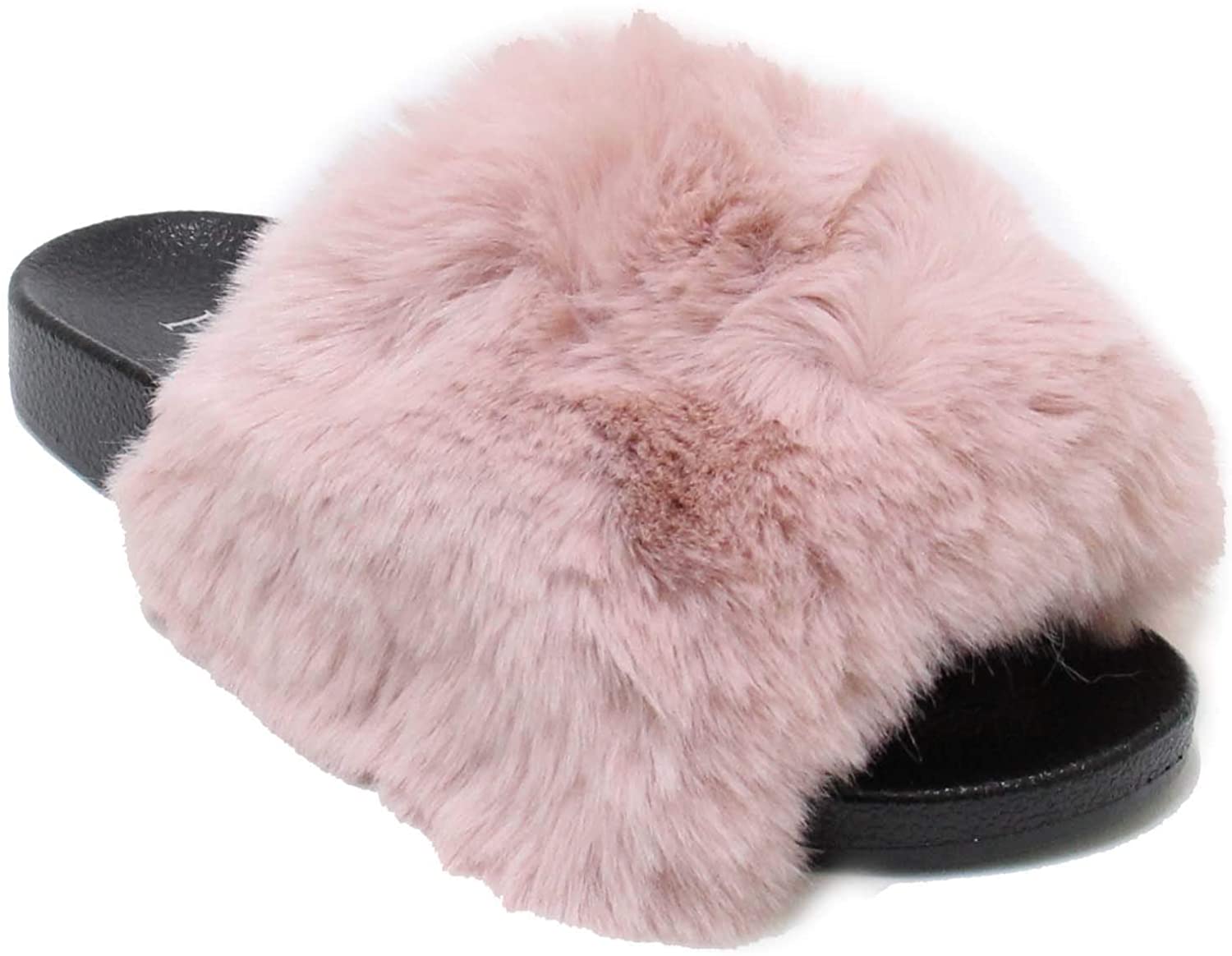H2K Pearl Peach Fuzzy Fur Fashion Slides Flip Flops Sandals Slides Cozy Warm 