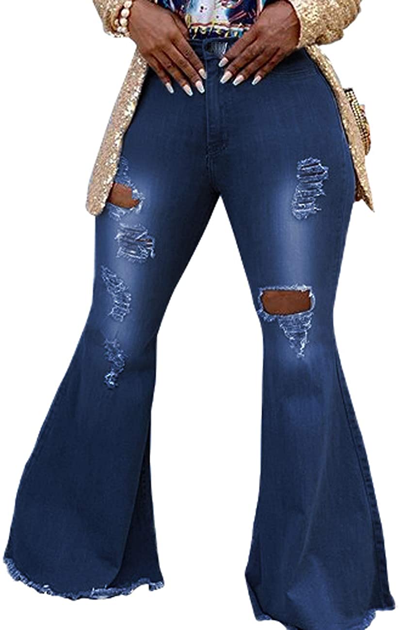 Qisiwole Women Bell Bottom Jeans Elastic Waist Ripped Flared Jean Destroyed Raw Hem Denim Pants, Women's, Size: 6(Medium), Blue