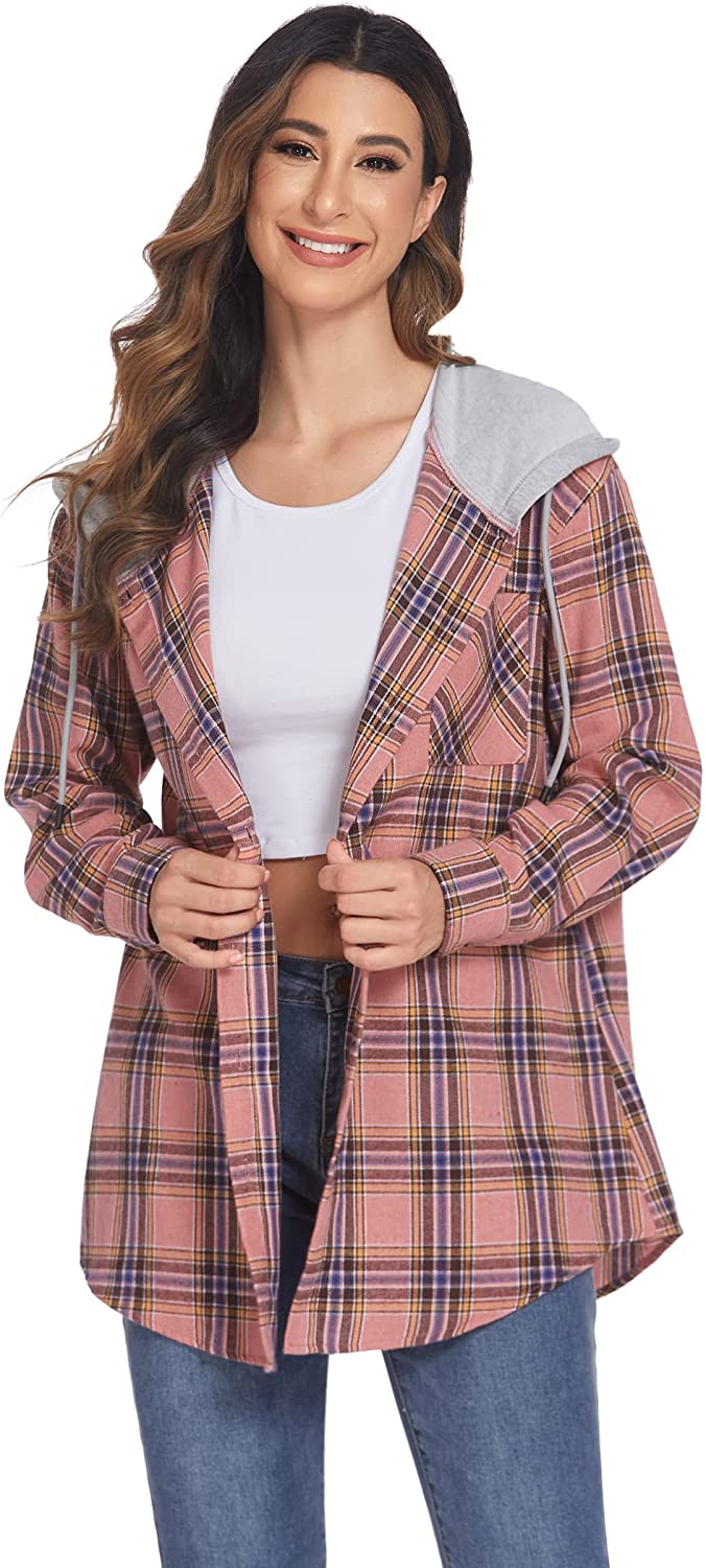 Hotouch Womens Flannel Shirts Plaid Hoodie Jacket Long Sleeve