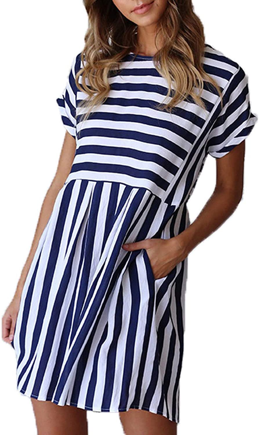 Naggoo Womens Summer Striped Short Sleeve T-Shirt Dresses Casual Swing ...
