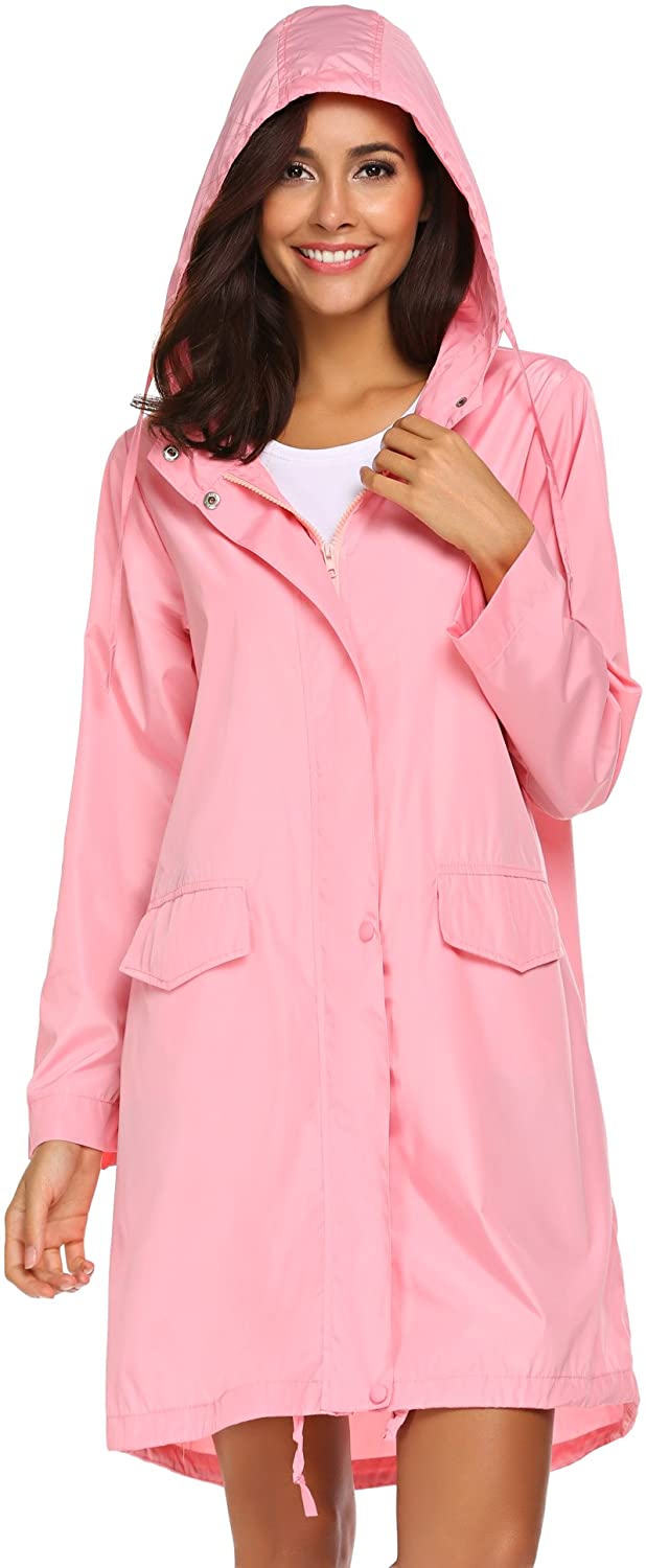 SoTeer Womens Raincoat Lightweight Hooded Long Rain Coat Waterproof Outdoor Breathable Rain Jackets 