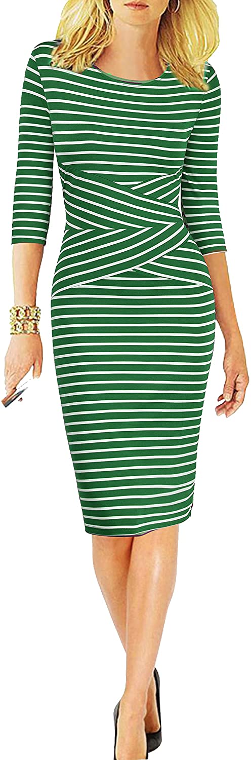 REPHYLLIS Women 3/4 Sleeve Striped Wear to Work Business Cocktail Pencil Dress