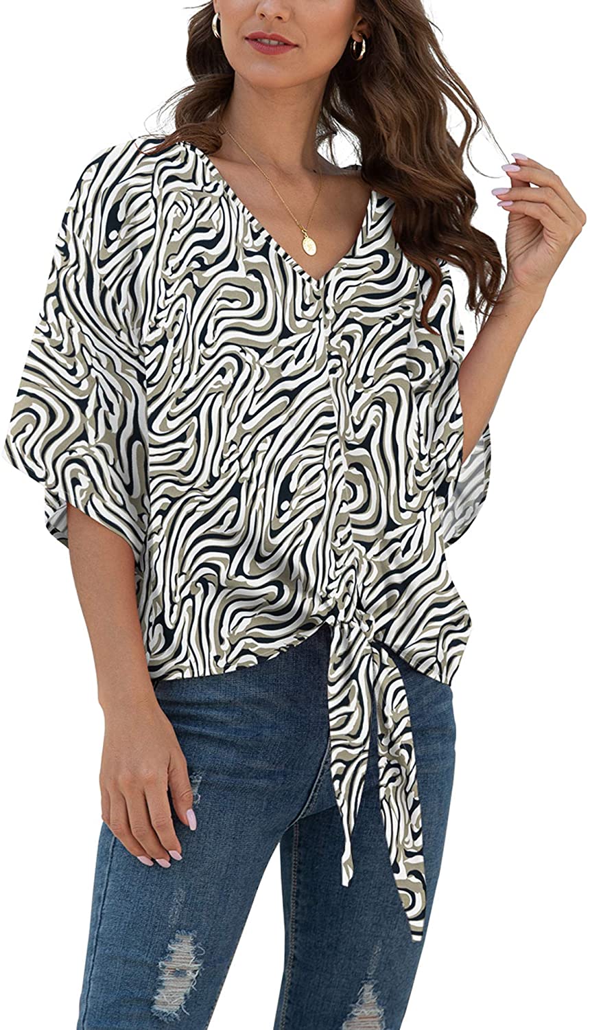VIISHOW Womens Tie Front Chiffon Blouses V Neck Batwing Short Sleeve Summer  Tops Shirts