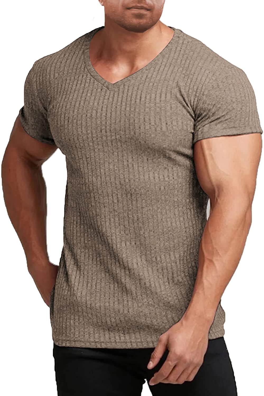 COOFANDY Men's Muscle T Shirts Stretch Short Sleeve V Neck Bodybuilding  Workout Tee Shirts Ribbed Knit Shirt