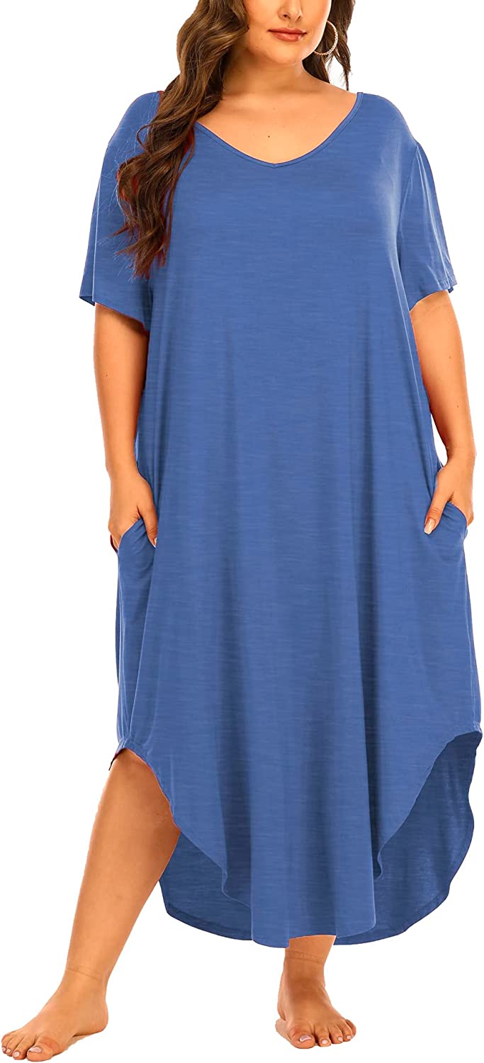 Sykooria Women's Long Nightgown Cotton Baggy Nightdress Plus Size  Nightshirt Long Sleeve V Neck Sleep Dress Casual Sleepwear with Pockets  (Dark Blue,M) : : Fashion