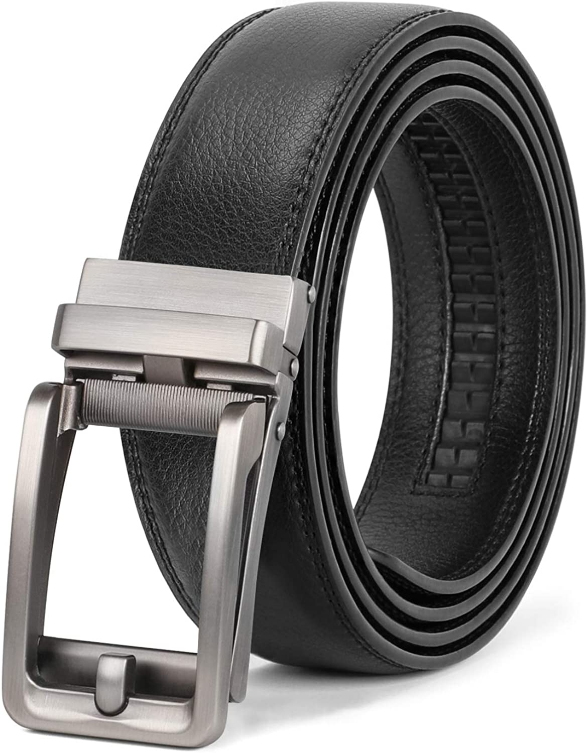 Men's Ratchet Leather Belt for Dress, Sliding Automatic Buckle