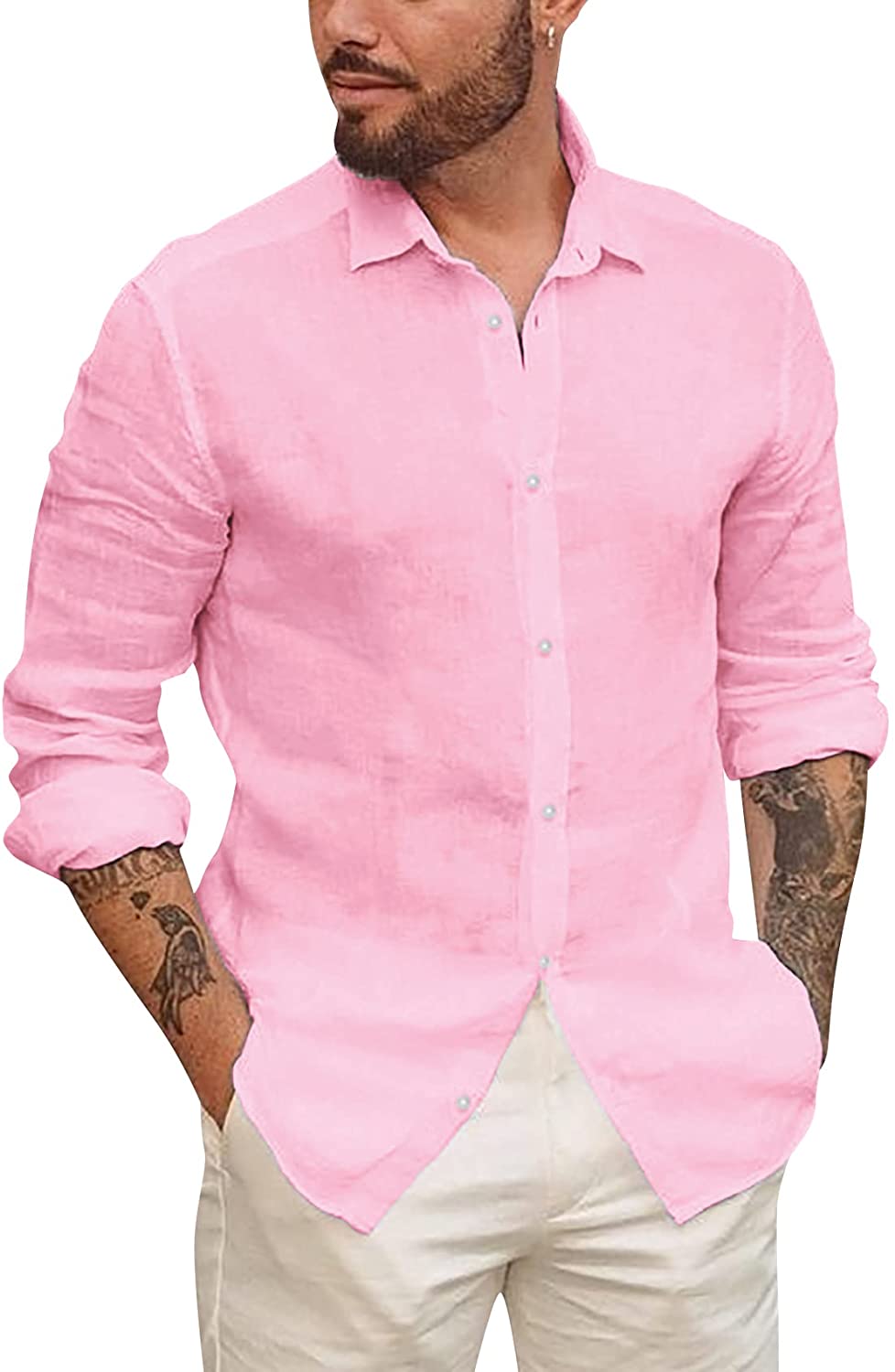 Mens Button Up Shirts Long Sleeve Linen Beach Casual Cotton Summer  Lightweight T