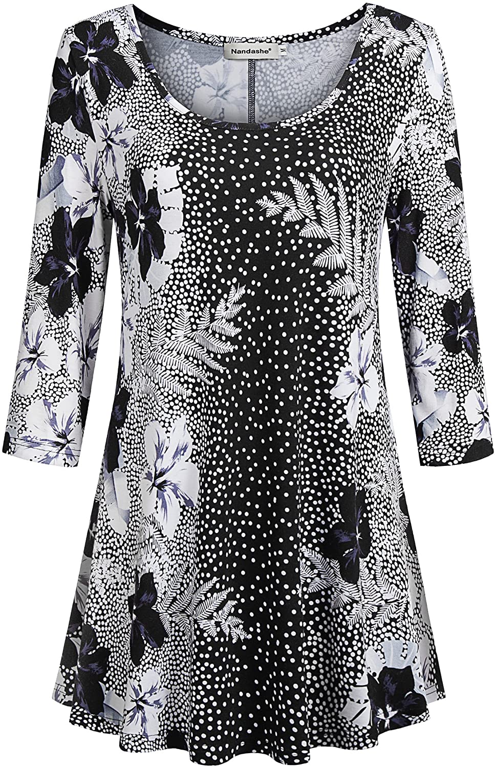 Nandashe Womens 3/4 Sleeves Floral Tunic Shirts Summer Casual Dressy Blouse Tops 