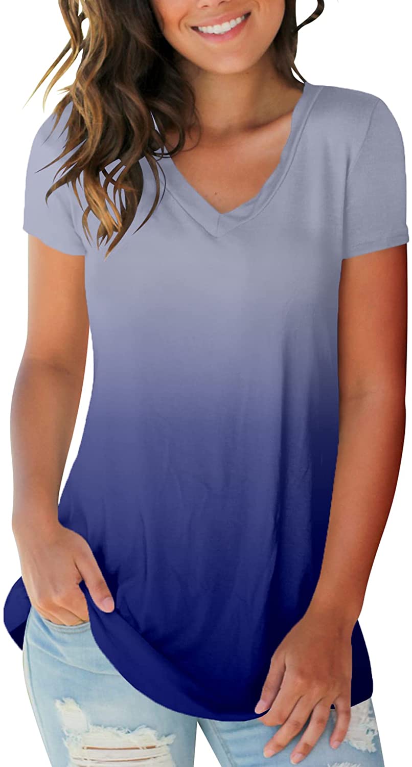 Ghazzi Womens Summer Tops Tie Dye Short Sleeve T Shirt Color Block Gradient Tee Tops Loose Fitting Crew-Neck T-Shirt Top 