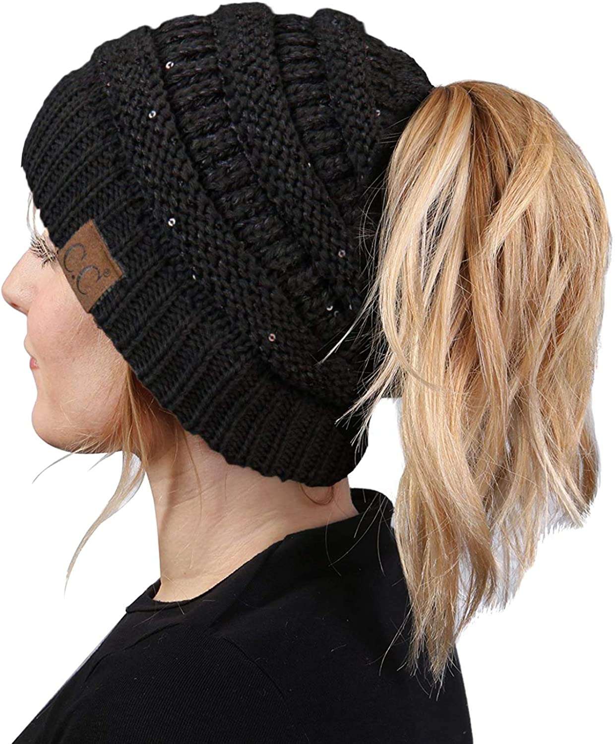 Funky Junque Exclusives BeanieTail Womens Beanie Ponytail Hat Messy Bun Skull Cap 