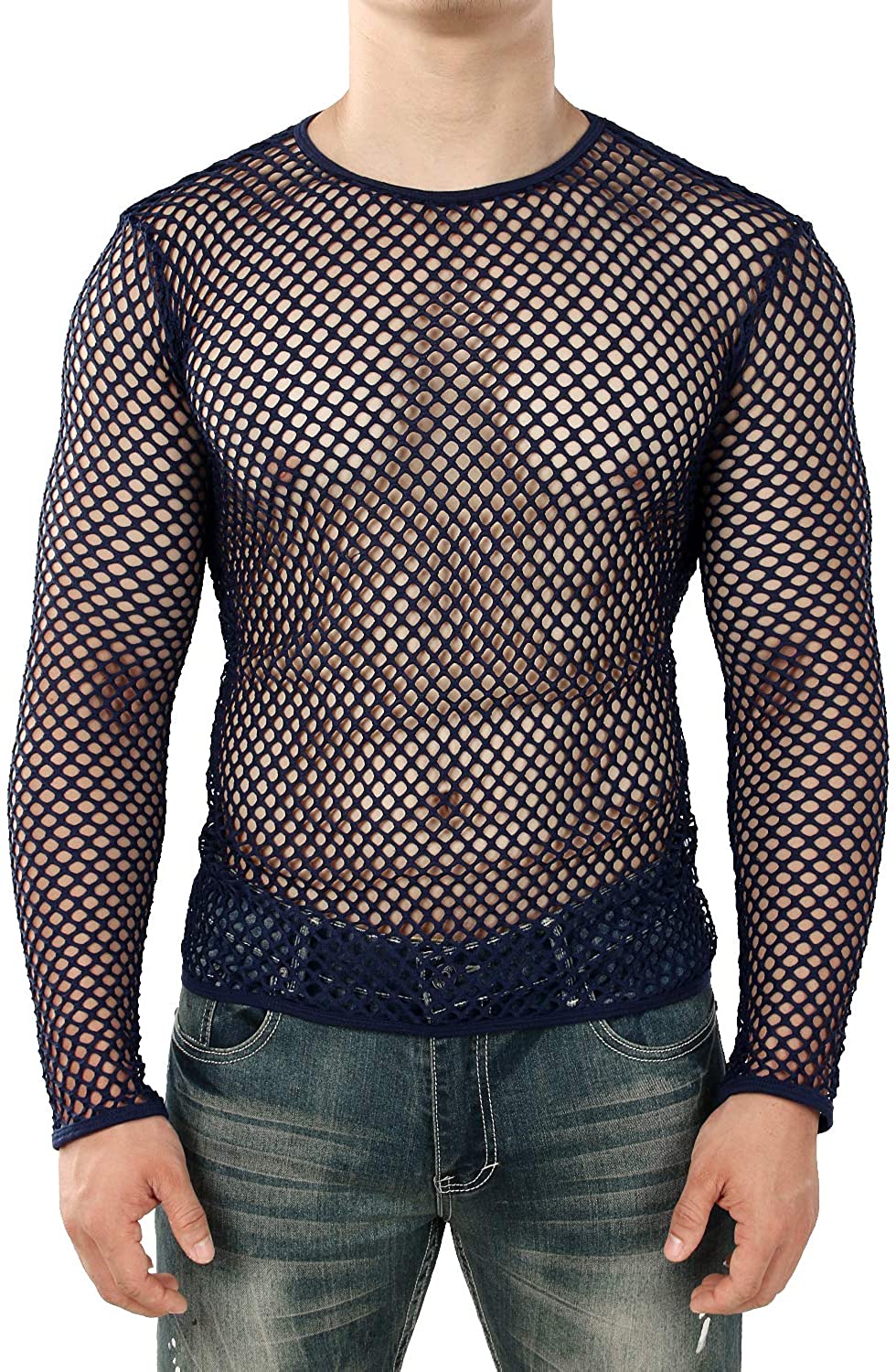 JOGAL Mens Mesh Fishnet See Through Lace Sheer Button Down Shirts 