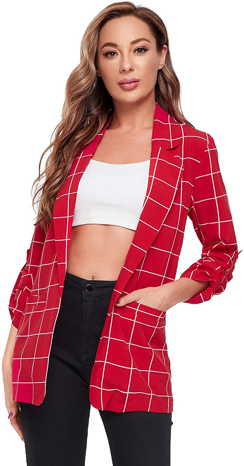 Milumia Womens Open Front Blazer Shirt Casual Plaid Roll Up Sleeve Jacket with Pocket 