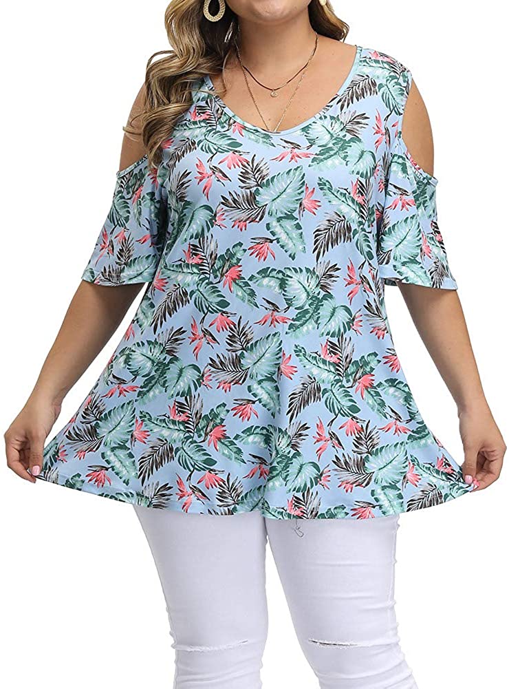 ALLEGRACE Women's Plus Size Summer Cold Shoulder Tunic Top Short Sleeve ...