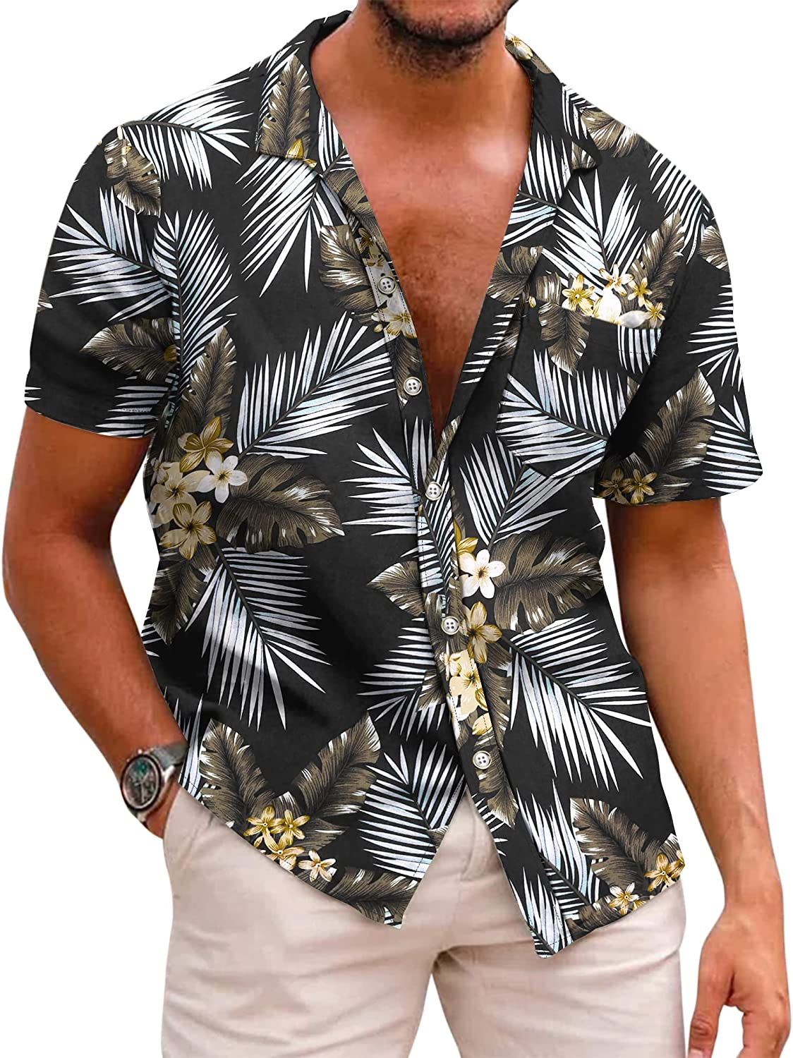 COOFANDY Men's One Piece Rompers Short Sleeve Hawaiian Floral Shirt Zipper  Jumpsuit Shorts Casual Beach Playsuit with Pockets Black-leaves X-Large