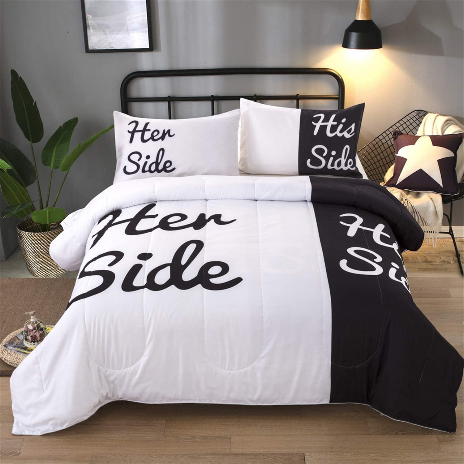 min Wig Eindeloos Black White Comforter Set King Her Side and His Side Printed Bedding Solid  Coupl | eBay
