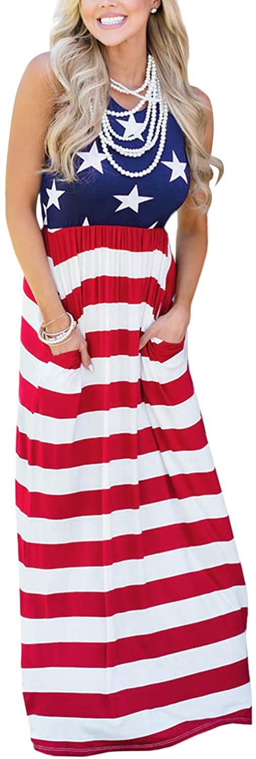For G and PL Womens 4th of July American Flag Sleeveless Tank Maxi Dress with Pockets 