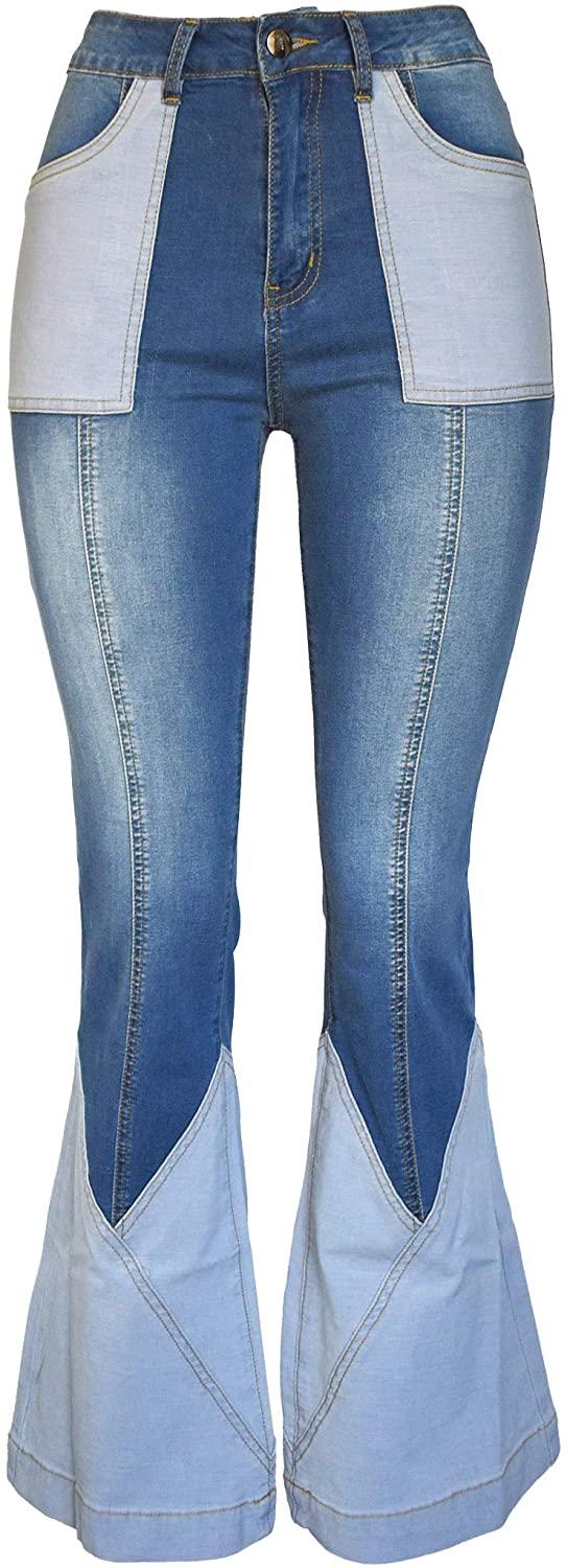 Aodrusa Women Patch Flare Jeans Bell Bottom Raw Hem Denim Pants 